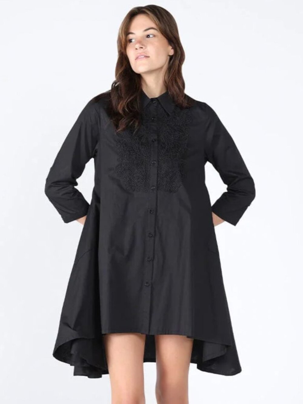 Gracia Black Shirt Dress Medium • High Low Lace Up Front • Long Sleeve